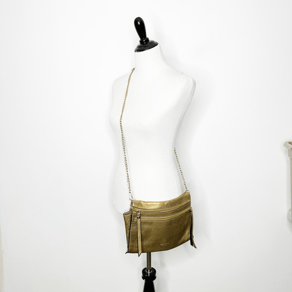 Kate Spade Social Butterfly Skyler Crossbody Clutch Antique Gold Leather zip top - Picture 1 of 6